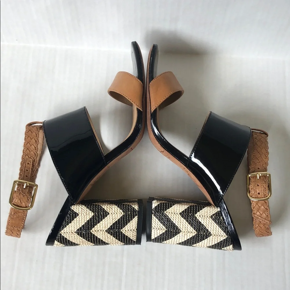 Tabita Brazil Patent leather Block Heel Sandals Black and Tan Size 8